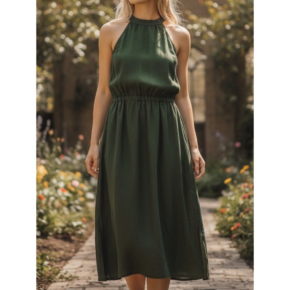 Linen Handmade Studio Green Halter Midi Dress 100% Linen Size 8 US NWT